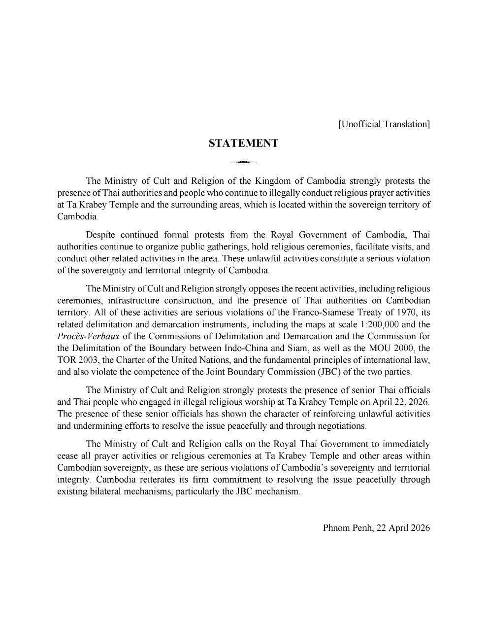 柬埔寨宗教部就泰国在塔克拉贝寺进行非法宗教活动提出强烈抗议