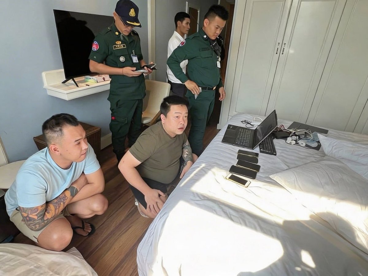 金边警方在隆边区温德姆酒店开展打击网络诈骗行动