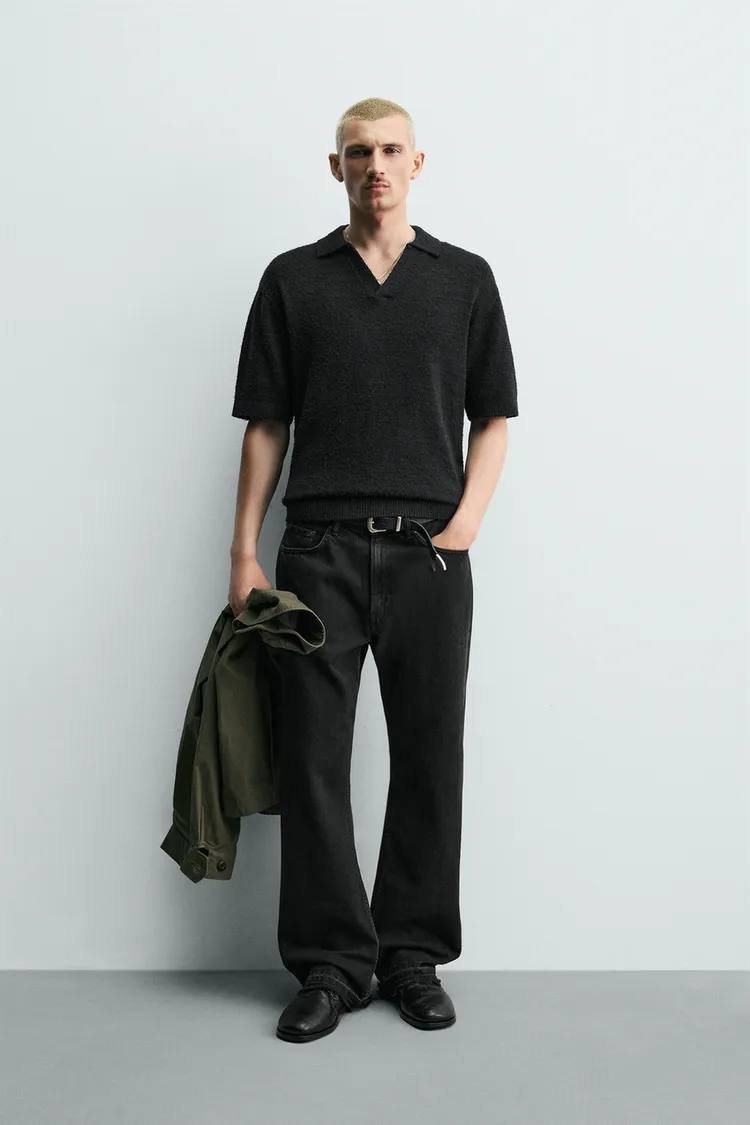 Zara 纹理宽松针织Polo衫