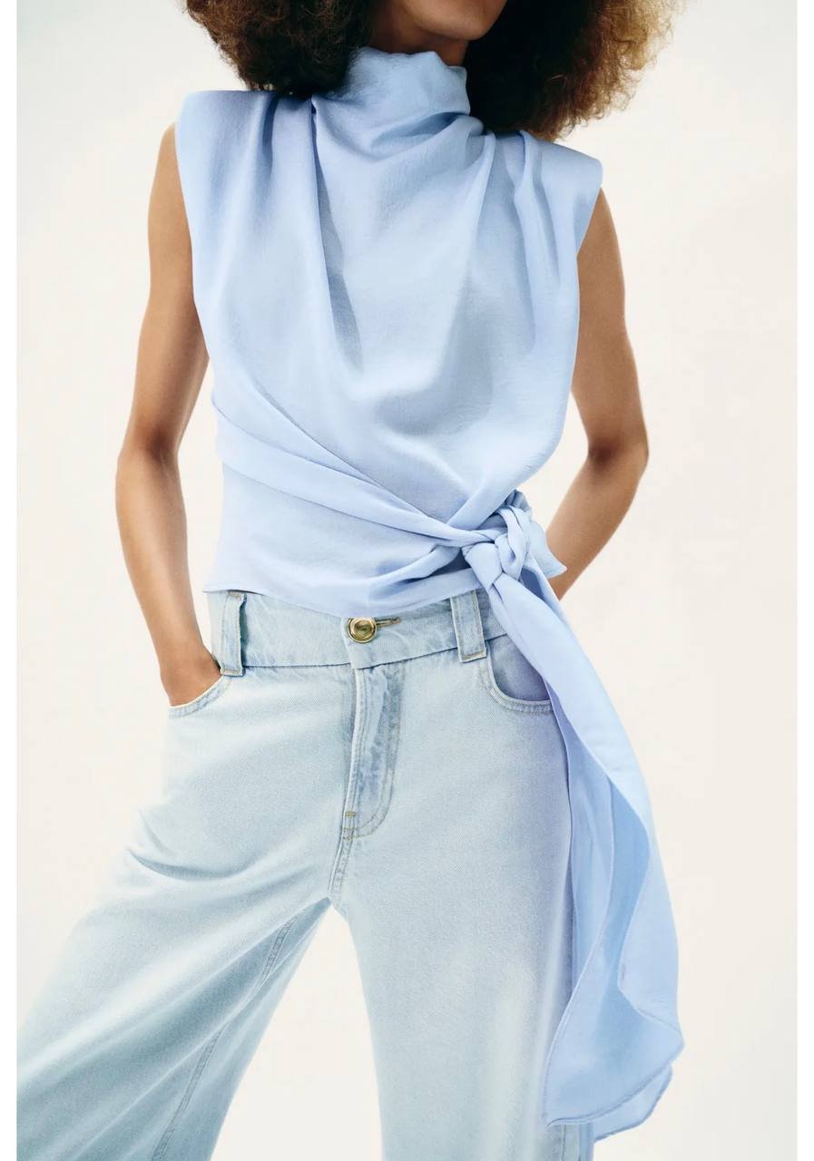 Zara 蝴蝶结垫肩缎面背心