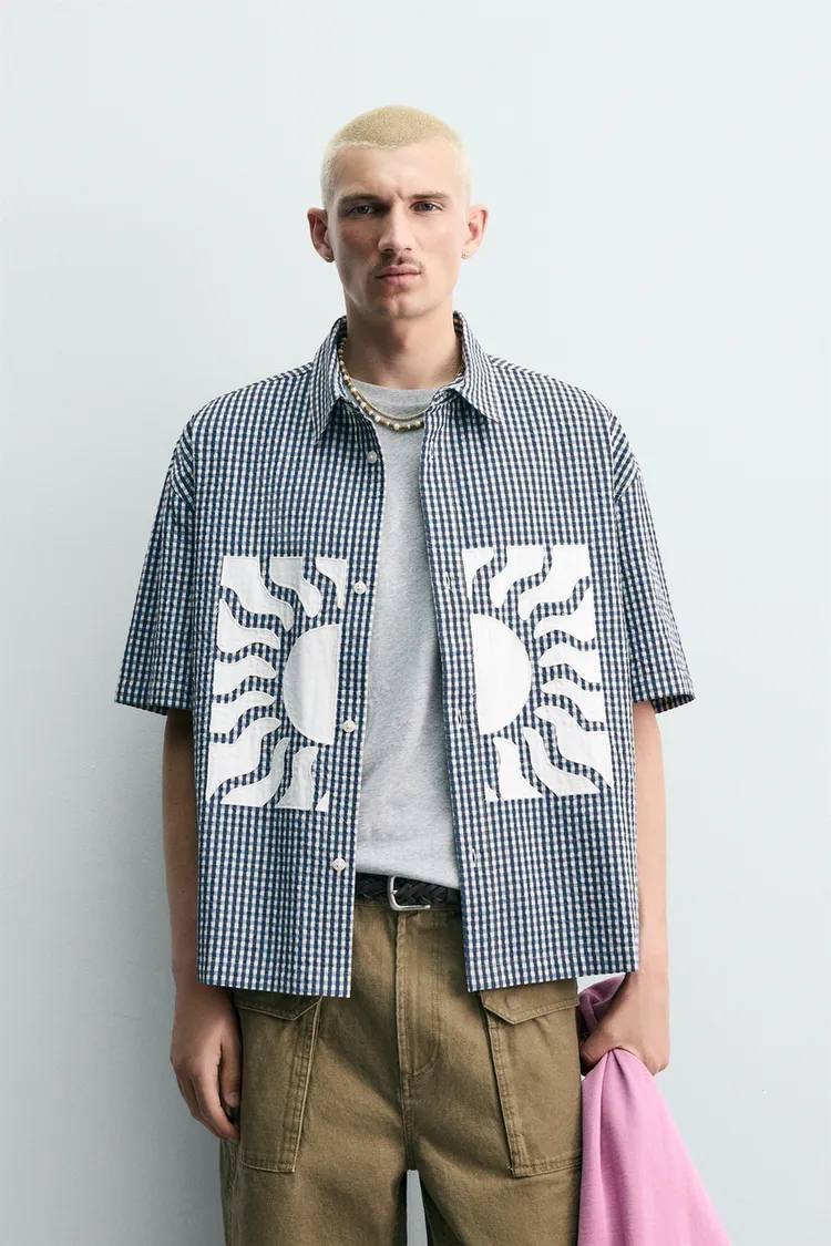 Zara 撞色格纹补丁宽松衬衫