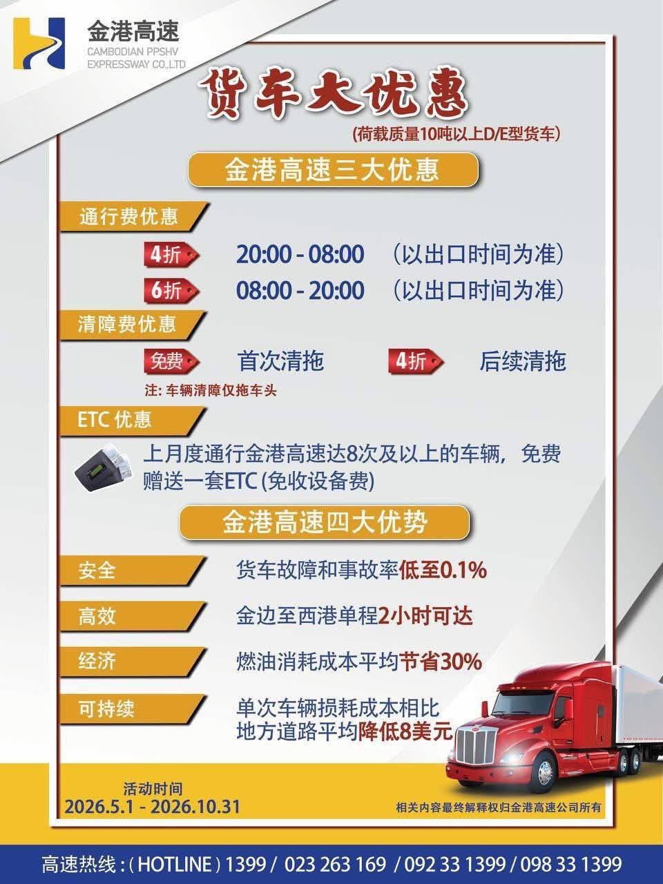 金港高速延长货车通行费优惠 D类E类货车享免费拖车