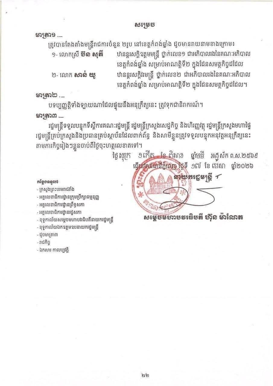 柬埔寨政府发布最新政令 涉及多名官员人事任免