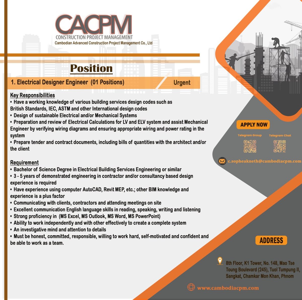 CACPM建筑公司急招机电设计师及现场工程师 金边办公