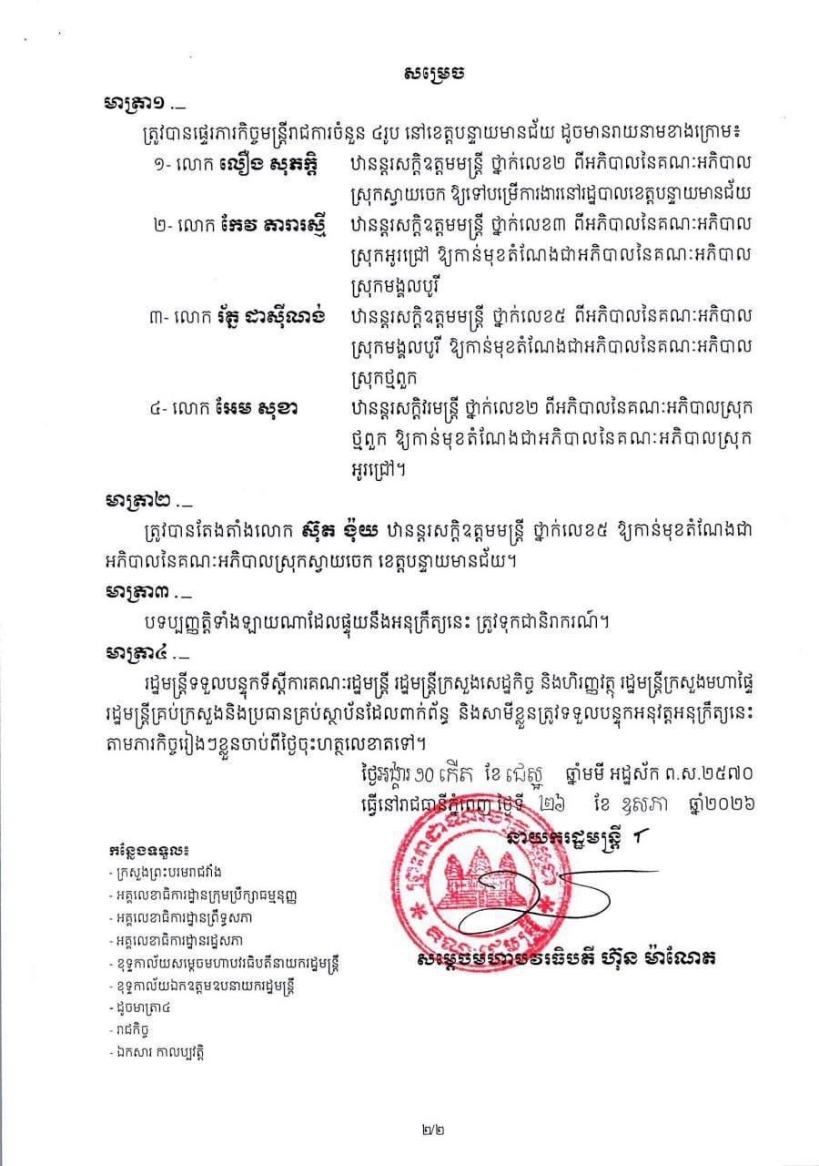 洪玛奈签发政令 调整班迭棉吉省4县县长职务