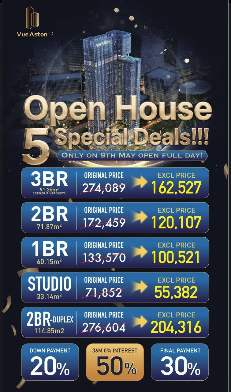 Vue Aston项目将于5月9日举办Open House活动，提供现房销售