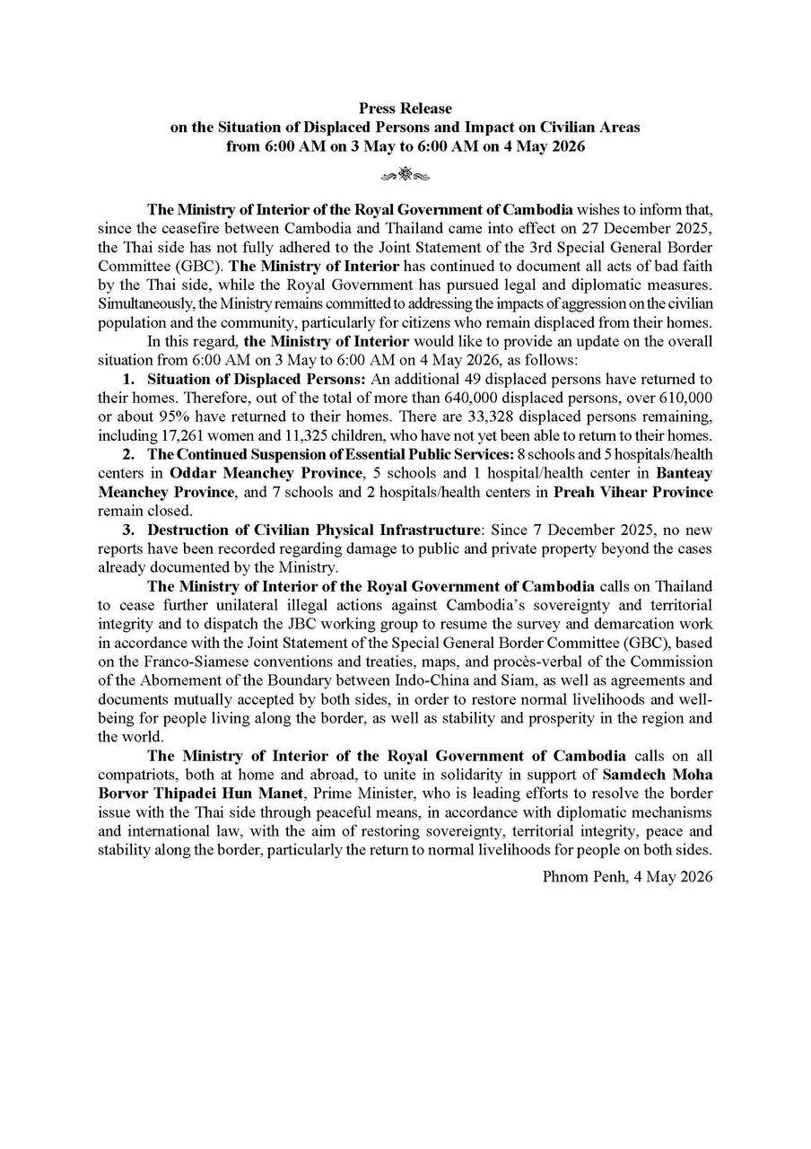 柬埔寨发布流离失所者及民用区域受影响情况报告