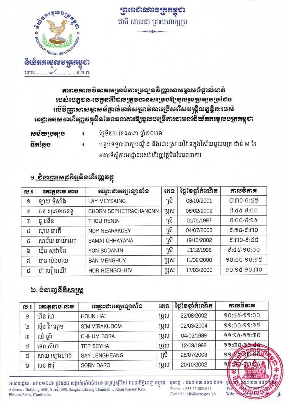 柬埔寨证券监管局面试名单公布 5月26日举行选拔
