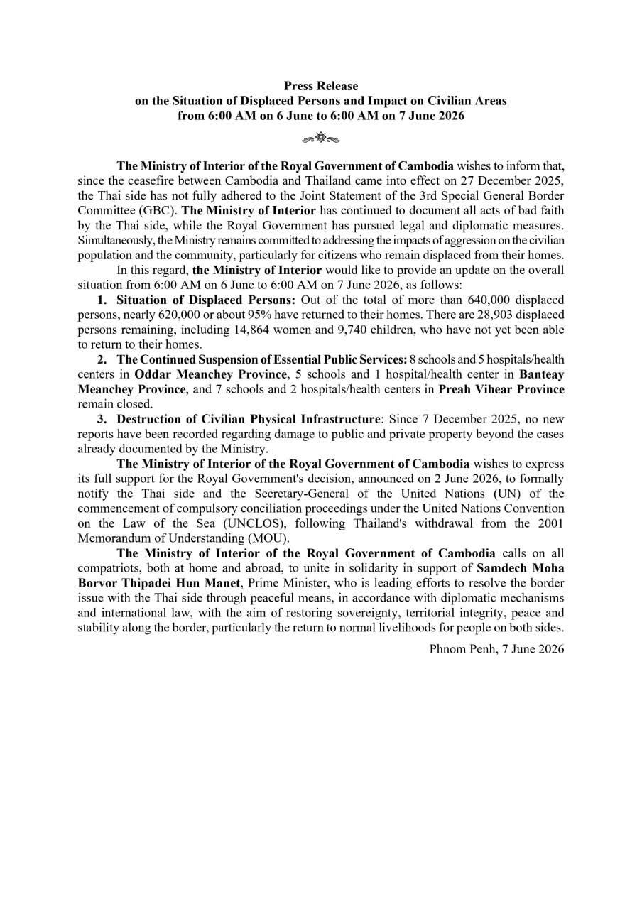 柬埔寨发布流离失所者及民用区域影响报告 截至6月7日