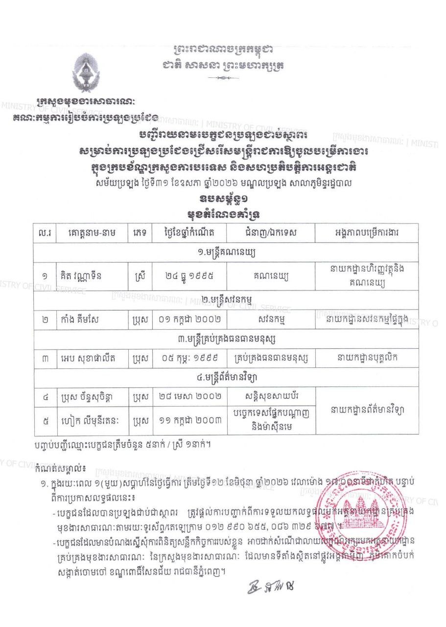 柬埔寨外交部公务员选拔结果公布 录取名单已发布