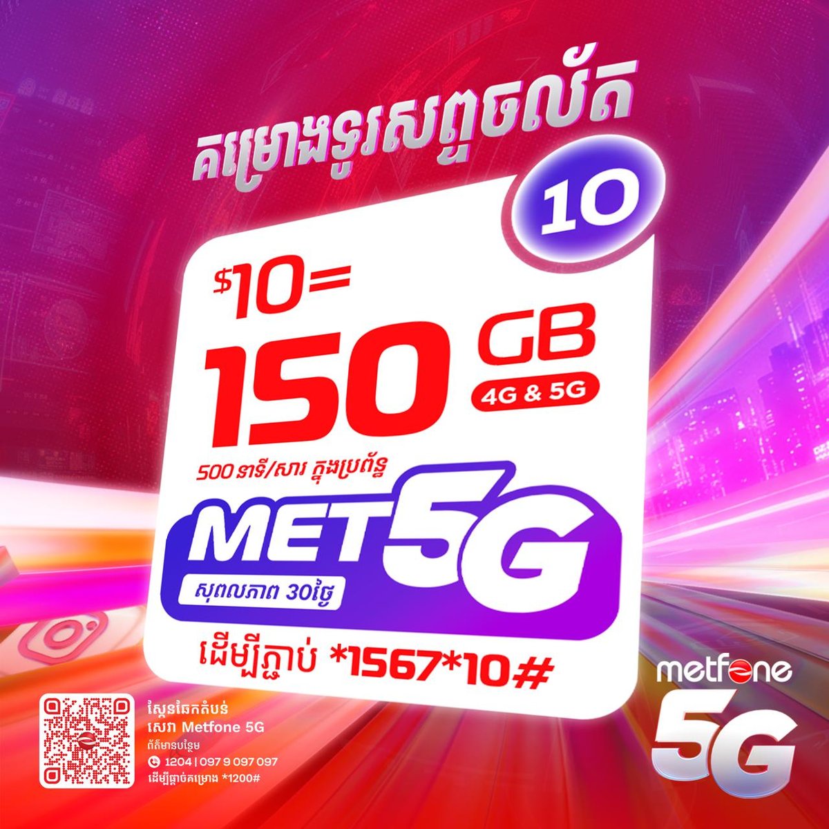 Metfone推出Met5G流量套餐 每周$2起最高150G