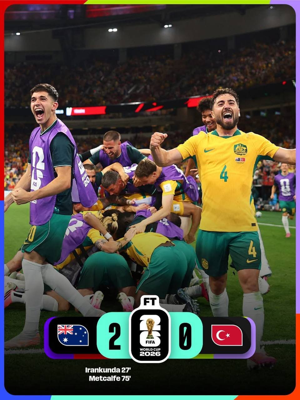 2026年世界杯澳大利亚2比0胜土耳其 D组积分更新