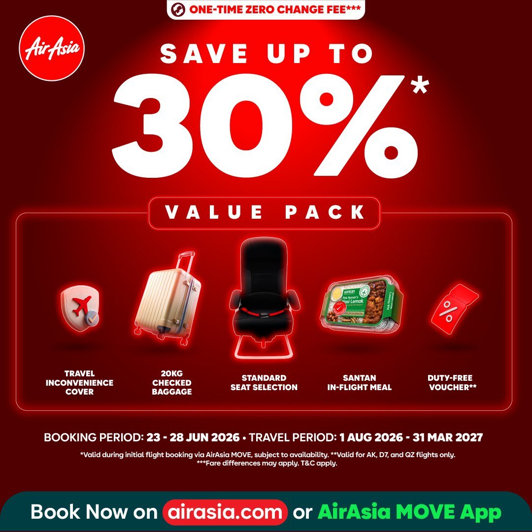亚洲航空Value Pack旅行套餐30%折扣 6月28日前