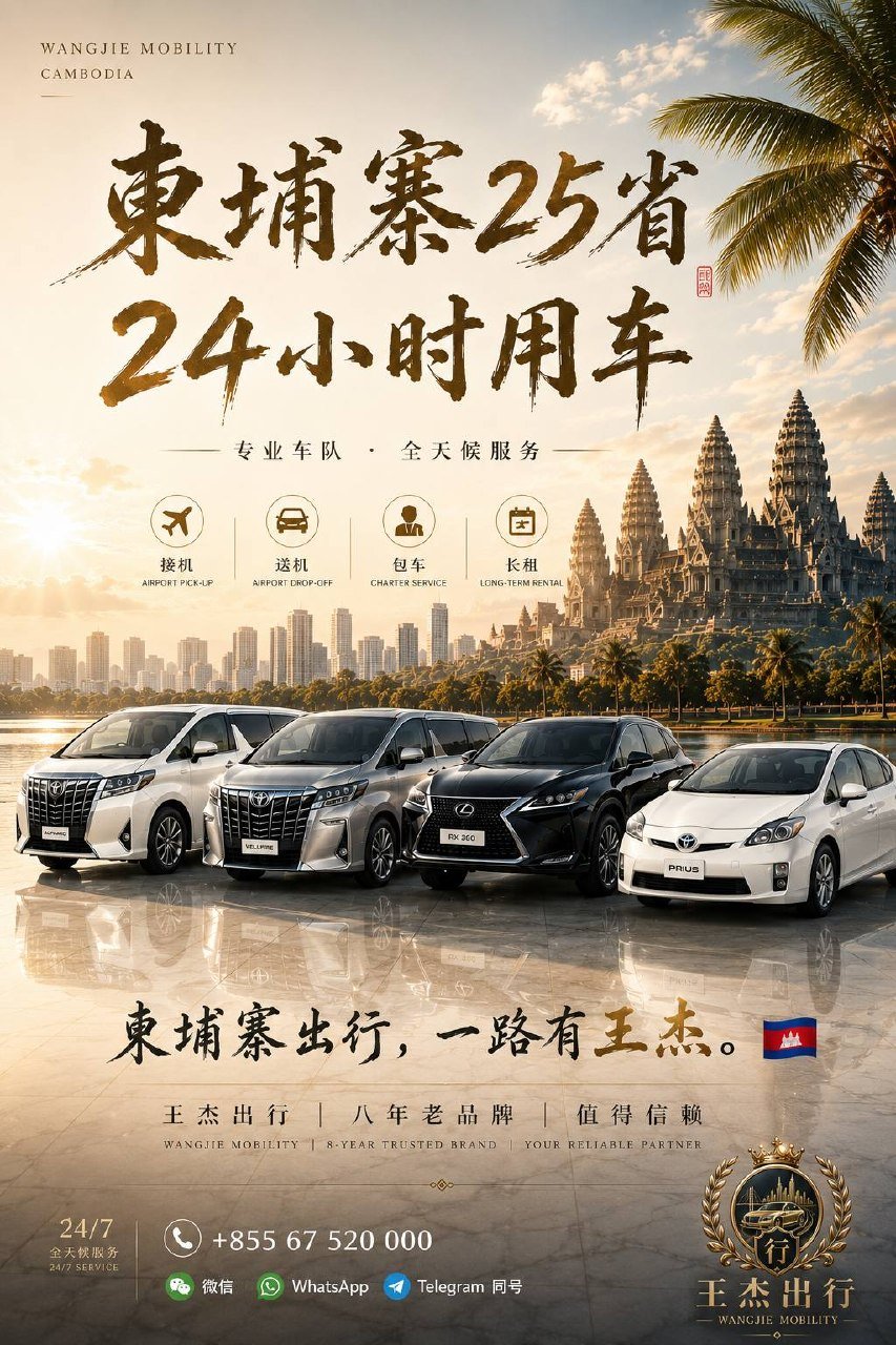王杰出行提供柬埔寨全境24小时用车服务,包括接送机