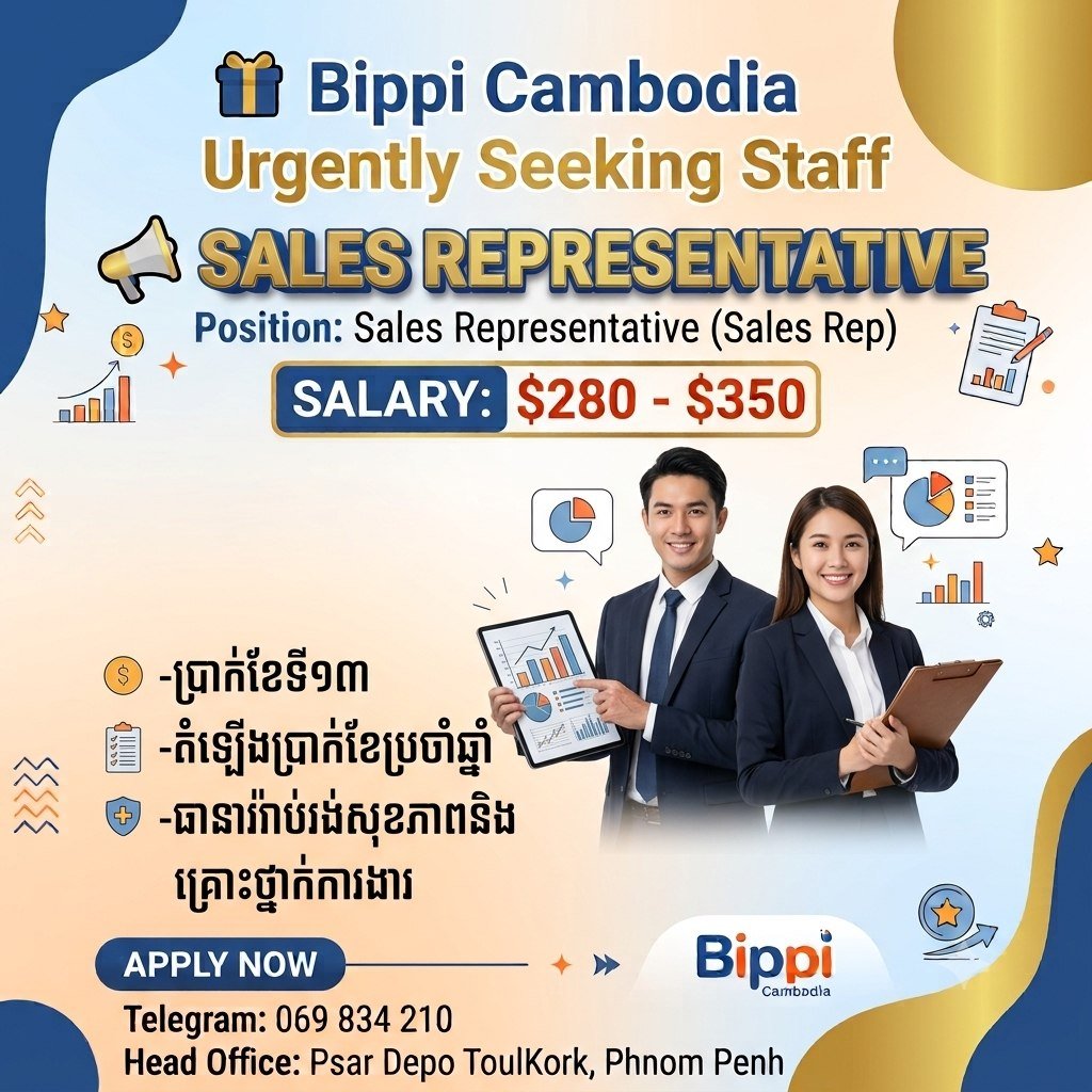 Bippi Cambodia急招销售代表 月薪$280-35