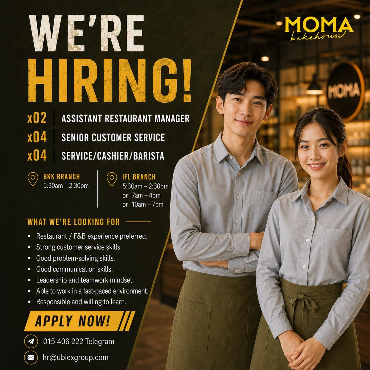 MOMA Bakery急招店长及服务员 BKK与IFL分店上