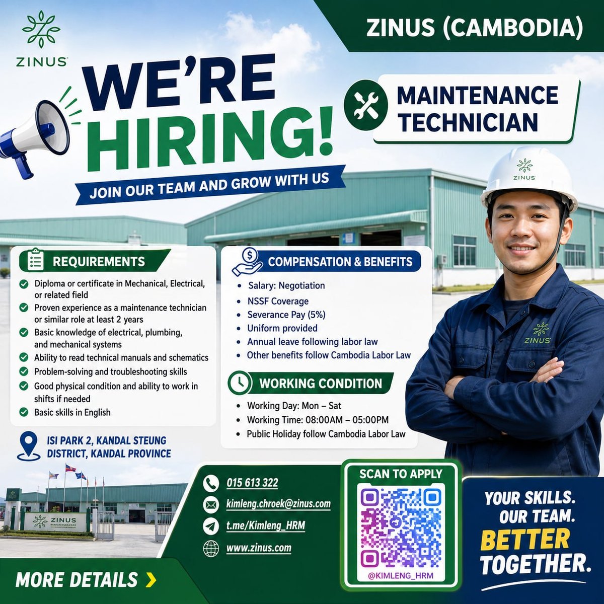 Zinus Cambodia急招维修技术员