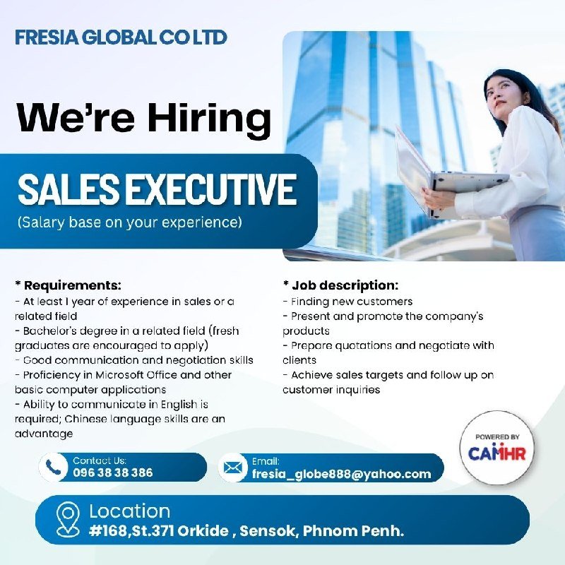 Fresia Global急招销售专员 森速区上班 中文能力