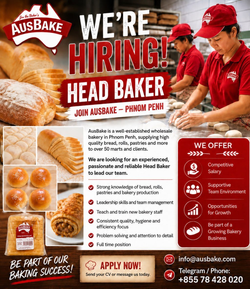 AusBake金边急招烘焙主管 需精通面包糕点制作