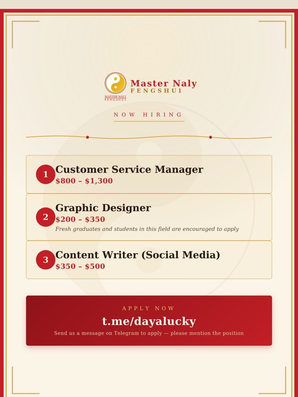 Master Naly Feng Shui急招客服经理 月薪