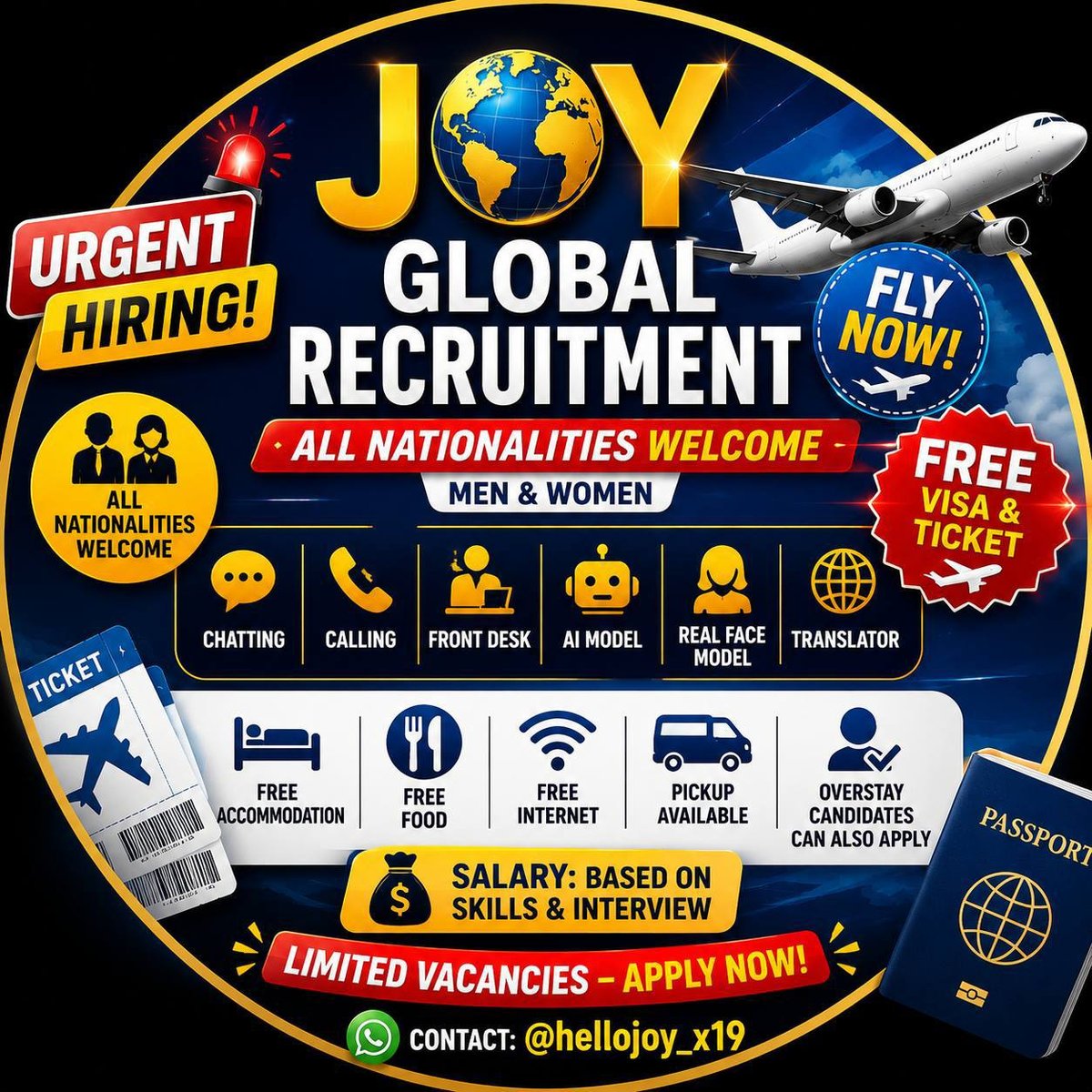 JOY GLOBAL全球招聘 涵盖多国籍及逾期人员
