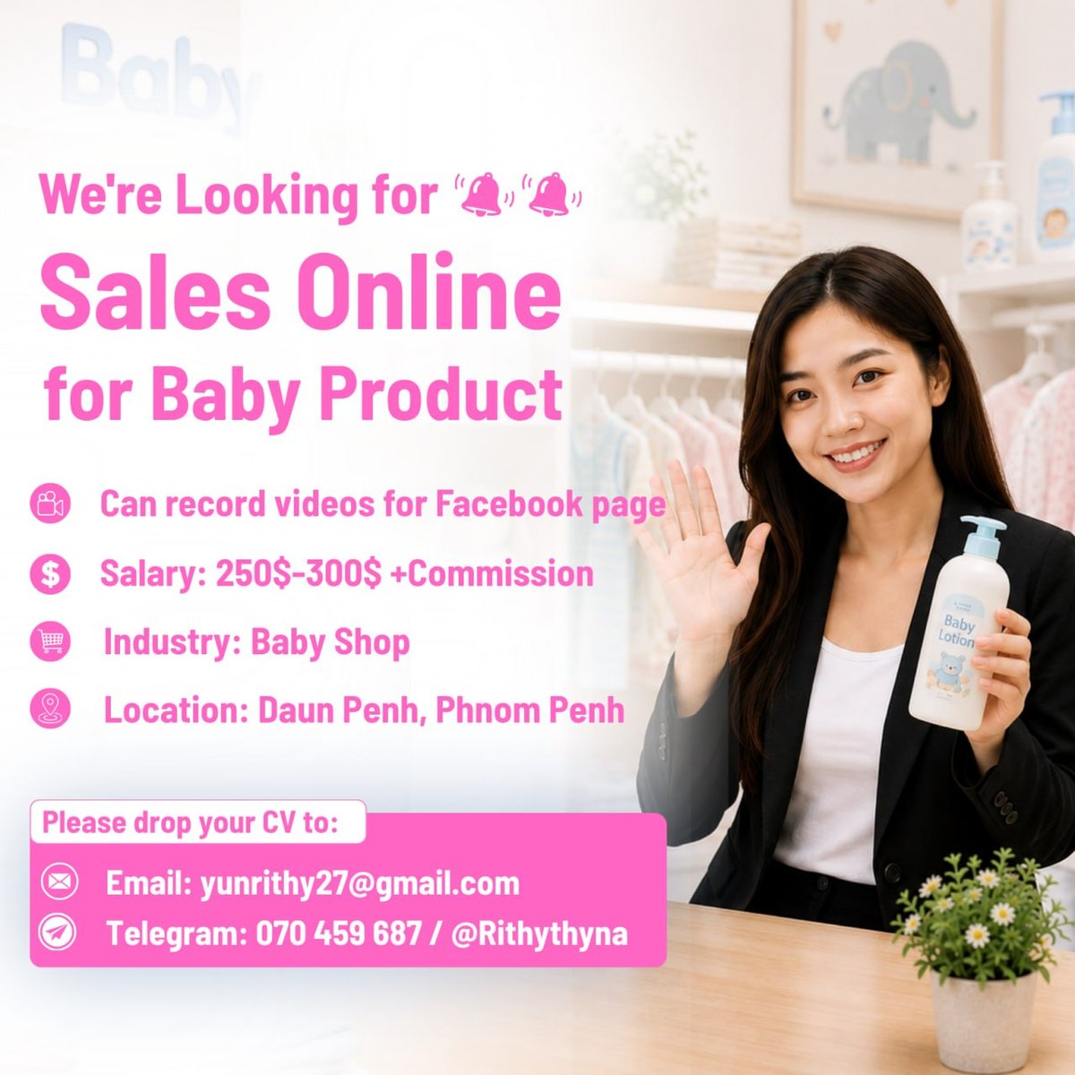 隆边区母婴店急招室内销售 月薪$250-300加提成