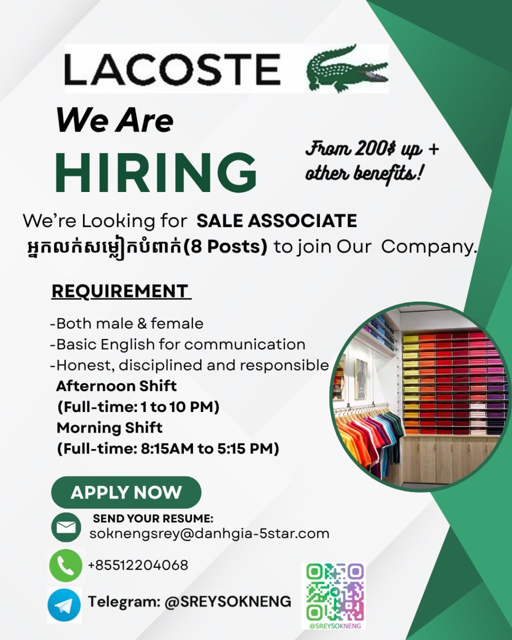 金边招聘全职员工 两种班次可选