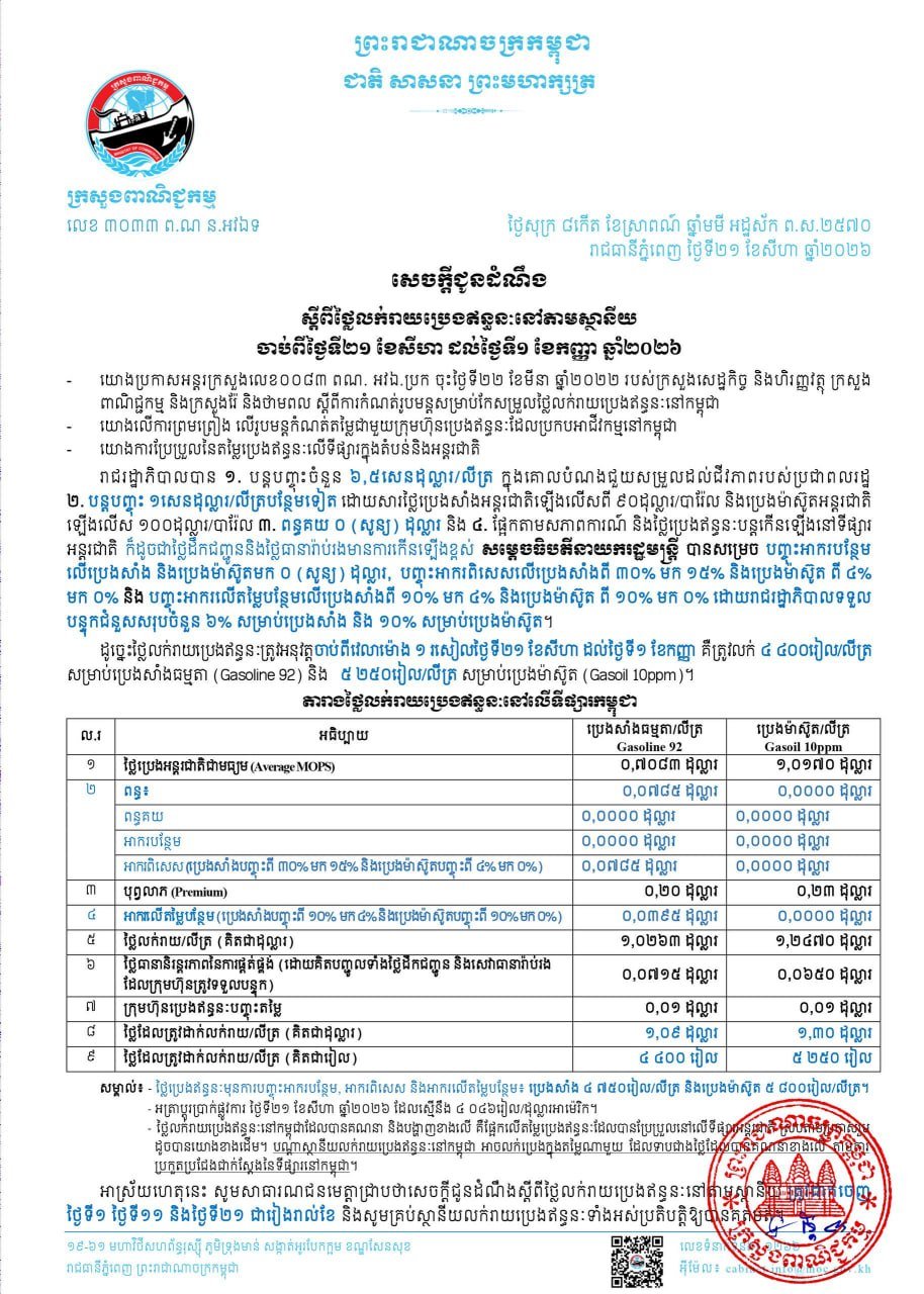 商业部发布最新油价 8月21日至9月1日执行