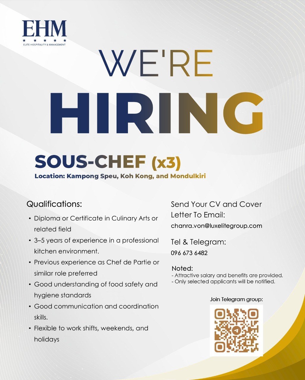 EHM酒店管理公司急招Sous Chef 薪资福利优厚