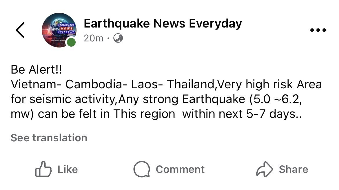 柬埔寨及周边地区未来一周地震风险预警 震级或达5.0至6.2