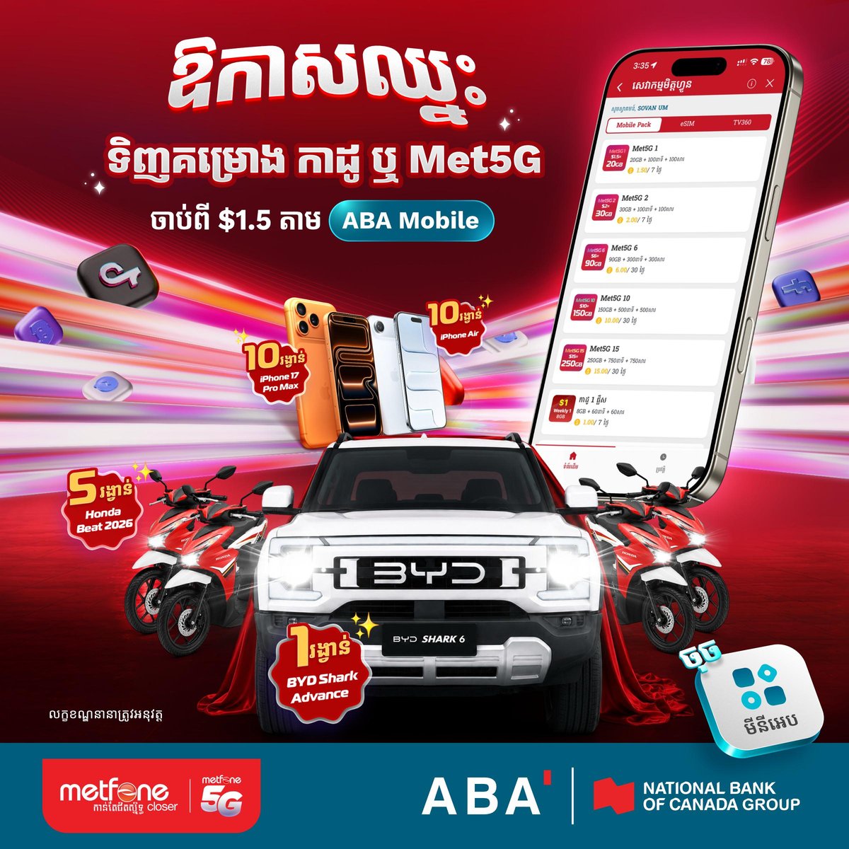ABA银行联合Metfone抽奖活动 充值流量赢BYD汽车