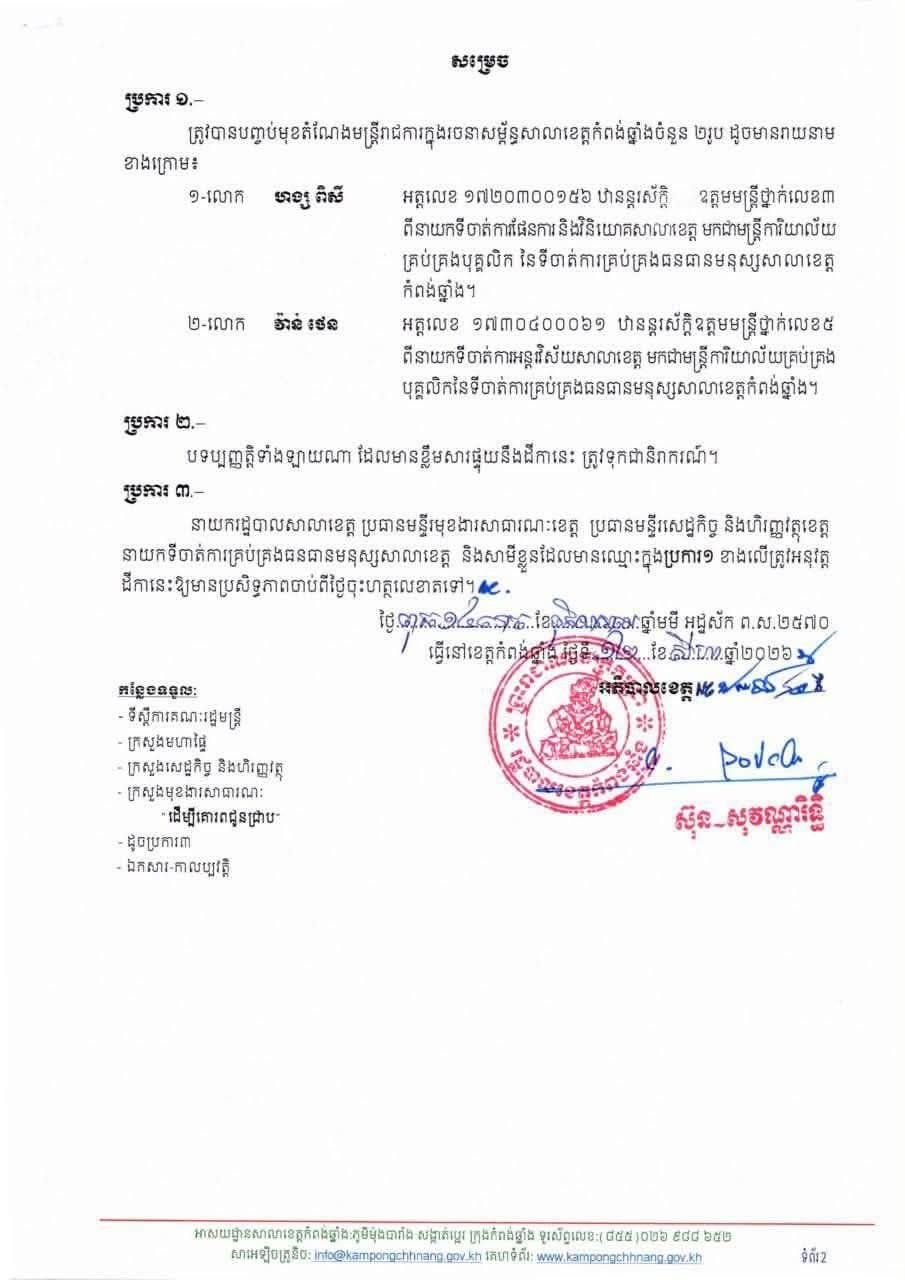 磅湛省两名官员因涉及村级基金项目管理违规及执行不当,被正式解