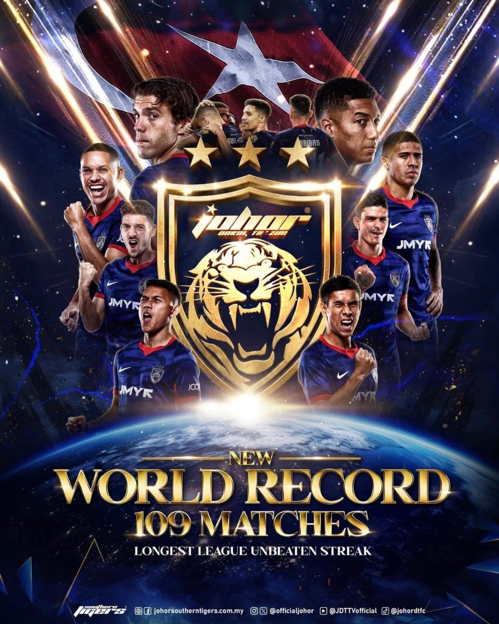 马来西亚JDT足球俱乐部创下109场不败纪录