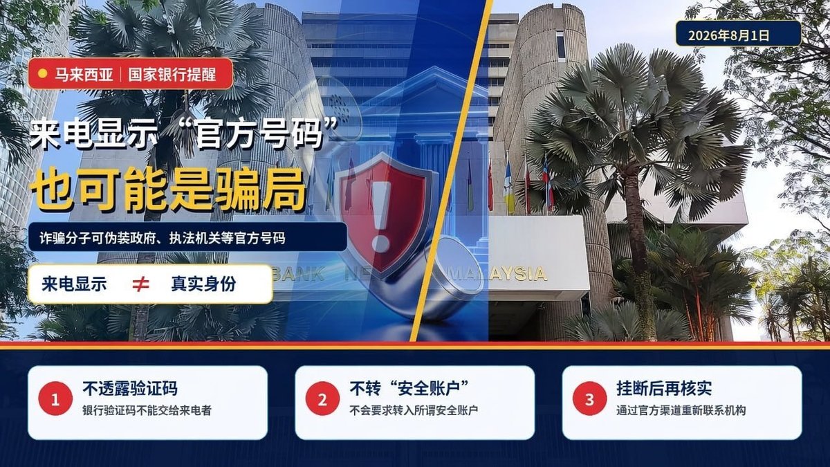 马来西亚国家银行提醒 警惕官方号码伪装诈骗