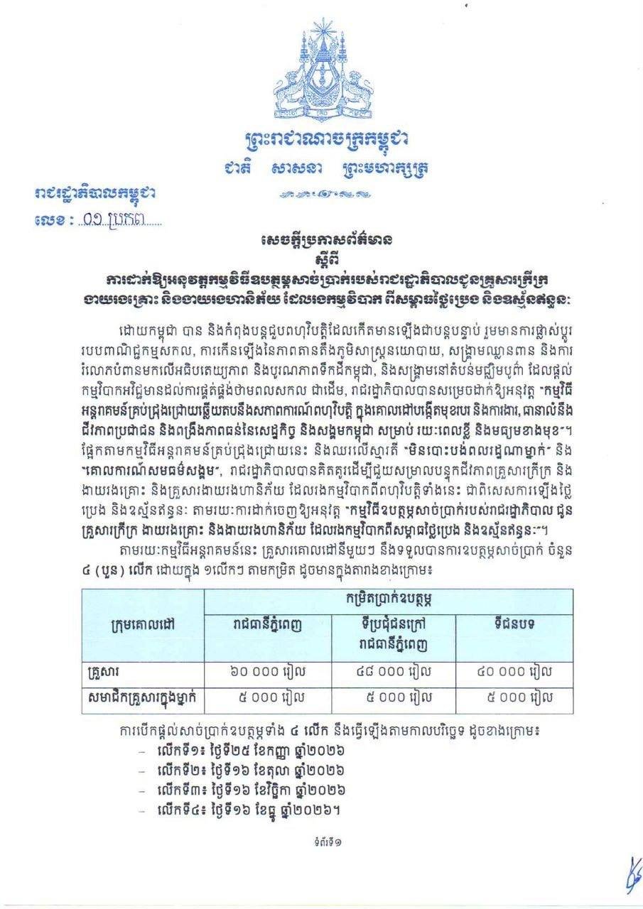 柬埔寨政府启动贫困家庭现金补贴 应对能源价格上涨