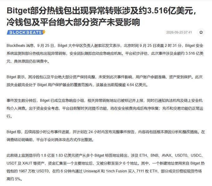 Bitget热钱包遭攻击 涉及金额约3.5亿美元