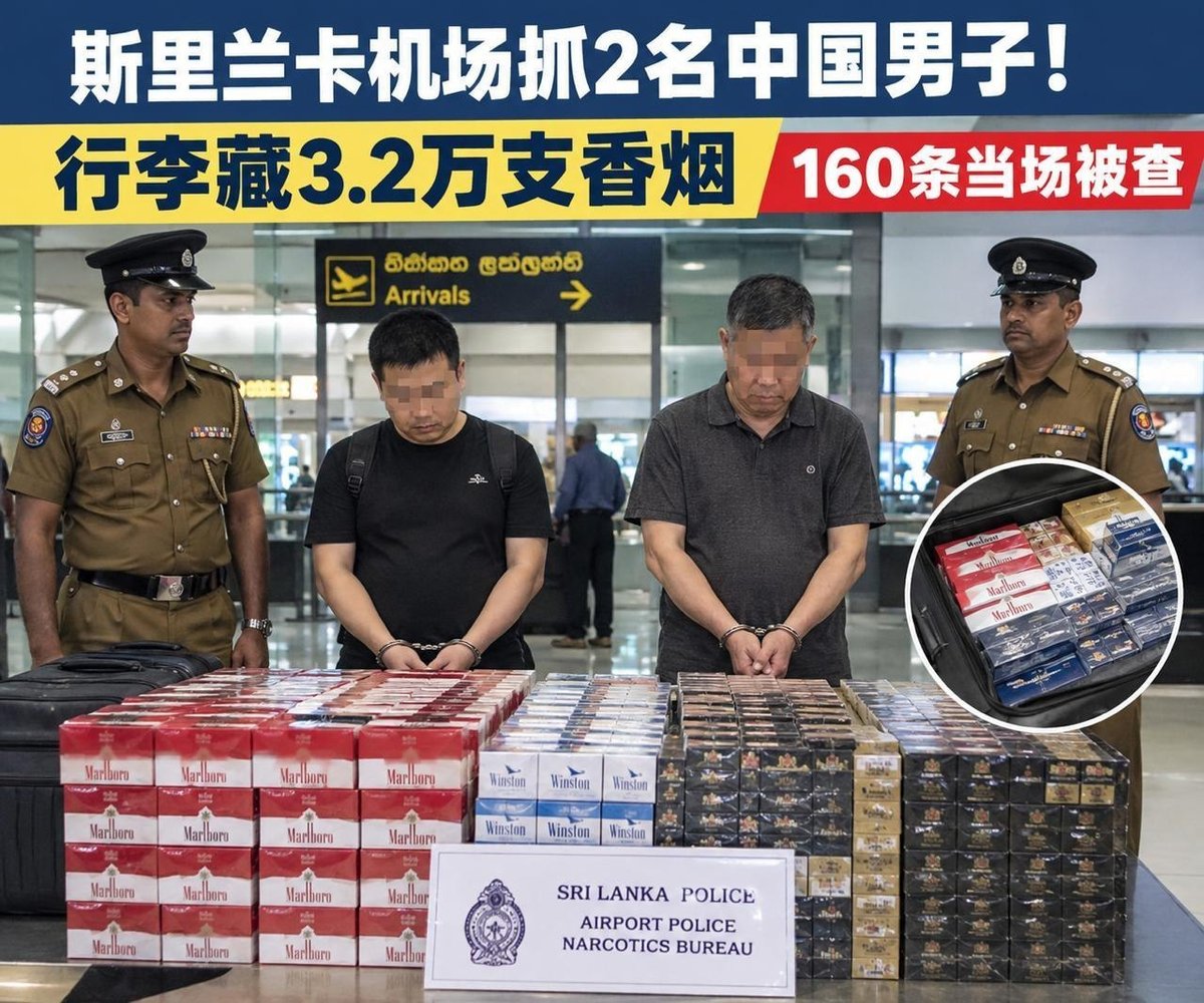 斯里兰卡机场查获2名中国男子 走私3.2万支香烟