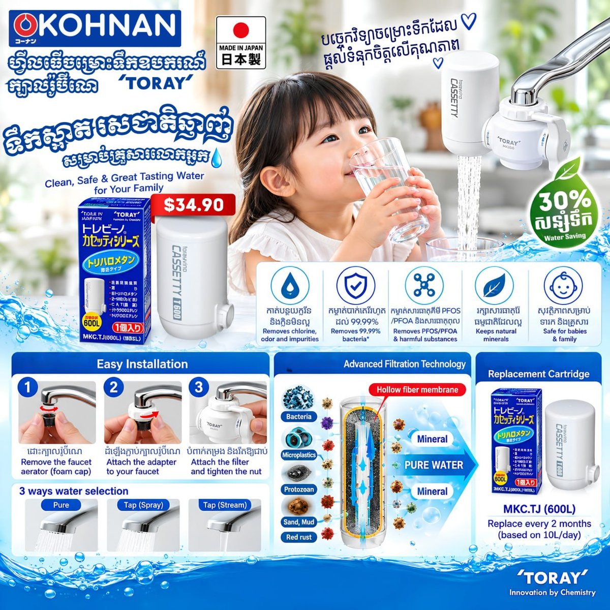 KOHNAN日本TORAY净水器促销 过滤600升水 仅售门