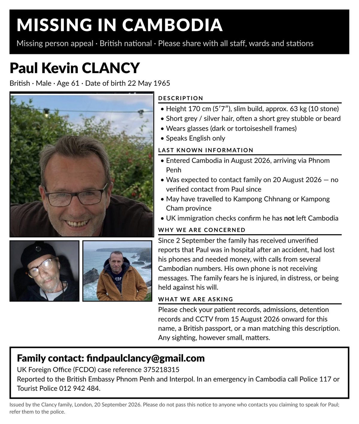 61岁英国籍男子PAUL KEVIN CLANCY自8月20