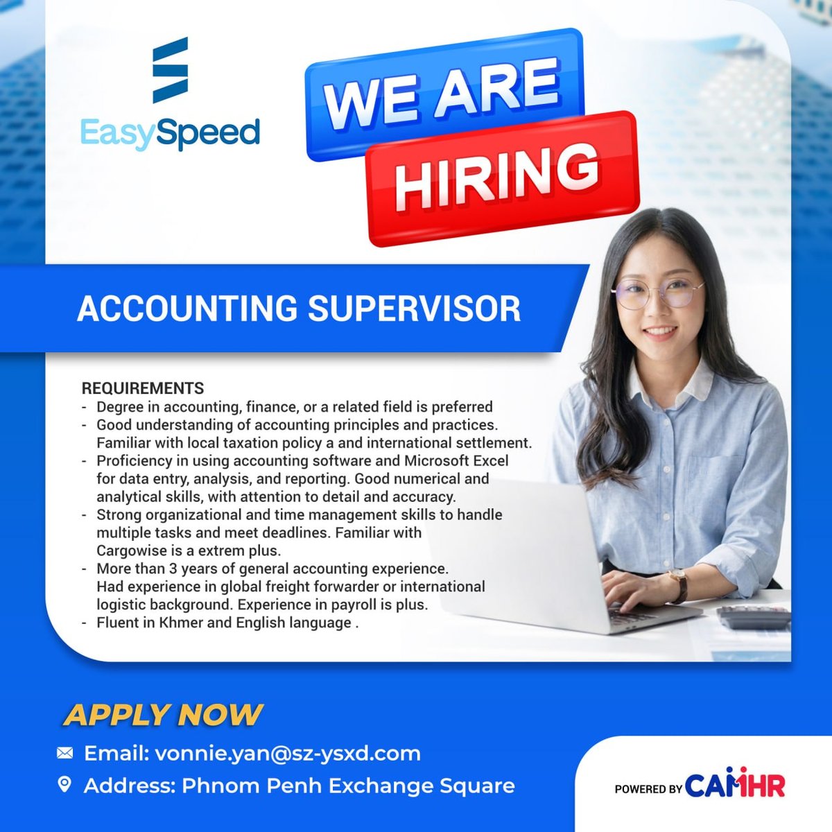 EASYSPEED物流急招会计主管 金边交易广场上班