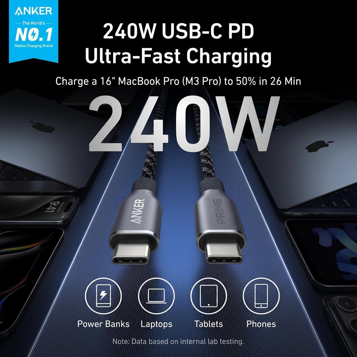 Anker Prime 240W快充线上市 支持百次弯折
