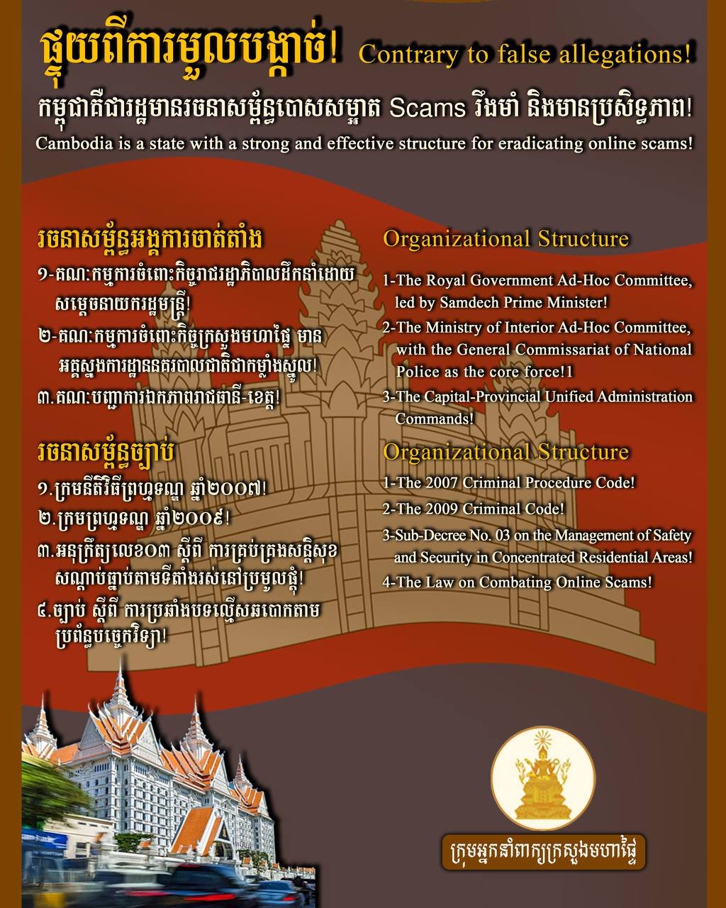 柬埔寨政府发表声明,强调国家已建立稳固的打击网络诈骗结构,并