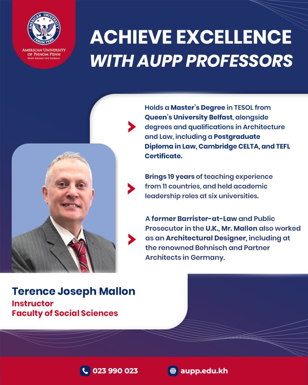 金边美国大学(AUPP)聘请跨学科资深教授Terence J