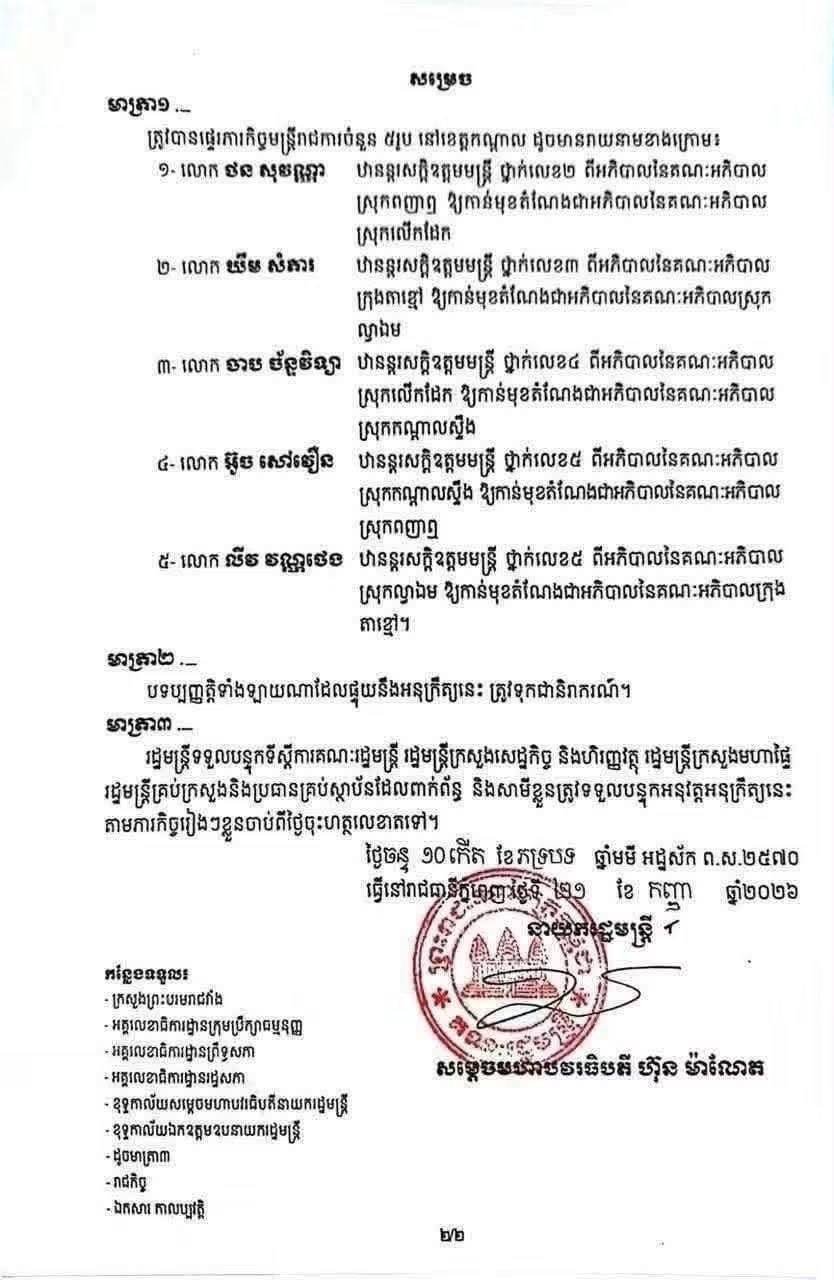 洪玛奈总理决定调整干拉省5名县市长职务