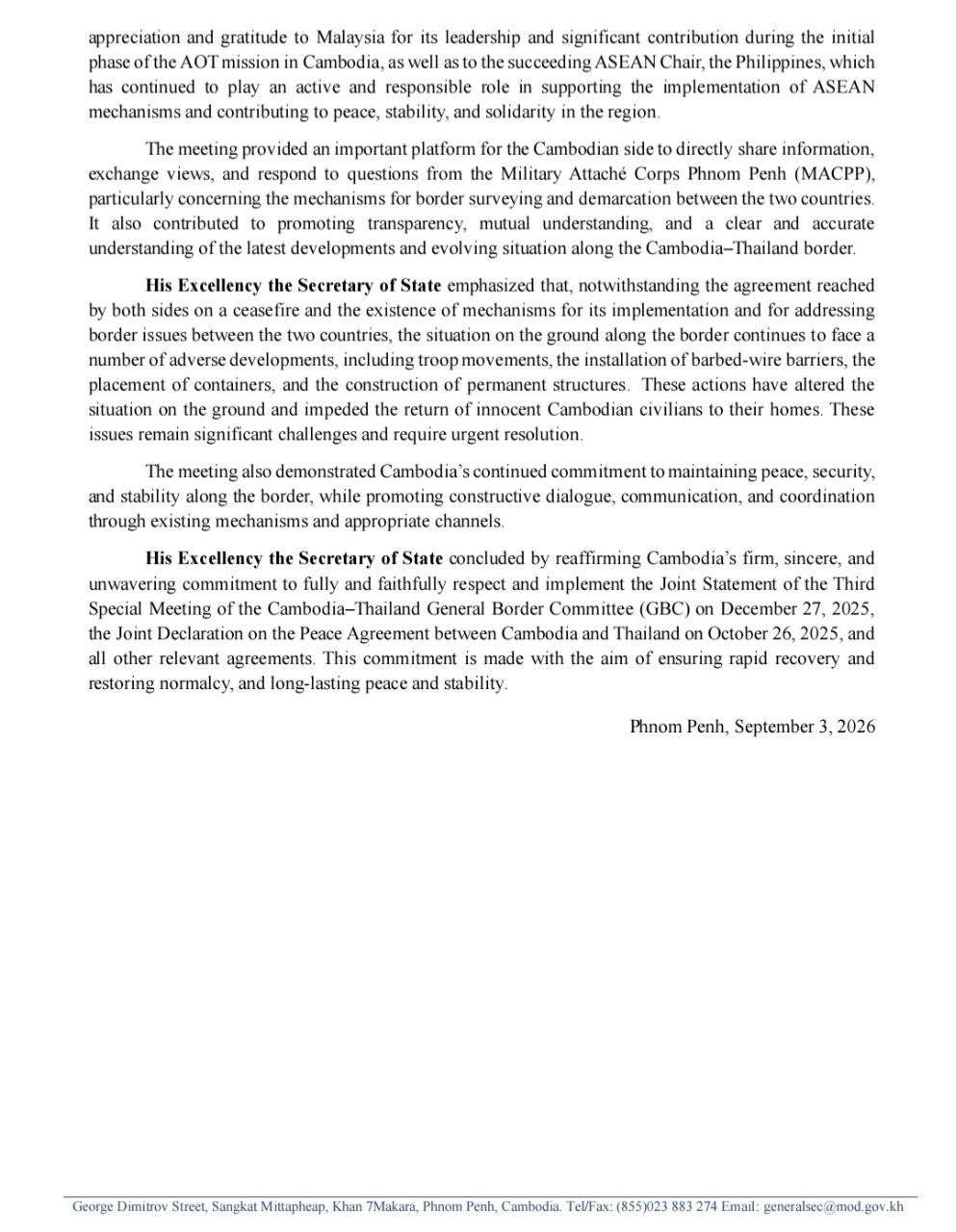 柬埔寨国防部发布新闻稿,确认已向外国武官通报柬泰边境局势,强