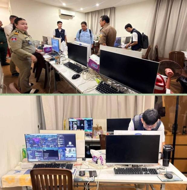 金边桑园区突查电诈窝点 扣押电脑手机等涉案物资