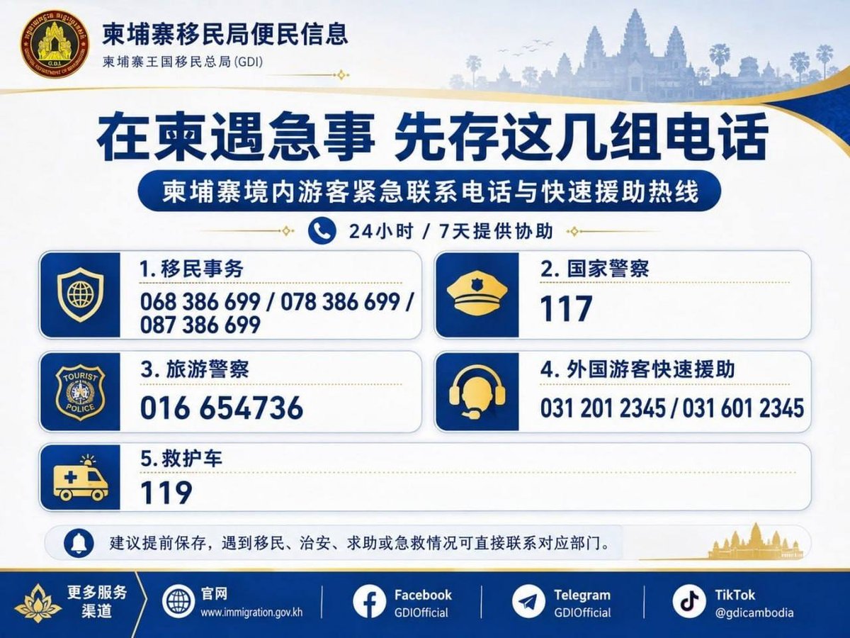 在柬游客必备紧急求助电话 涵盖医疗治安与移民