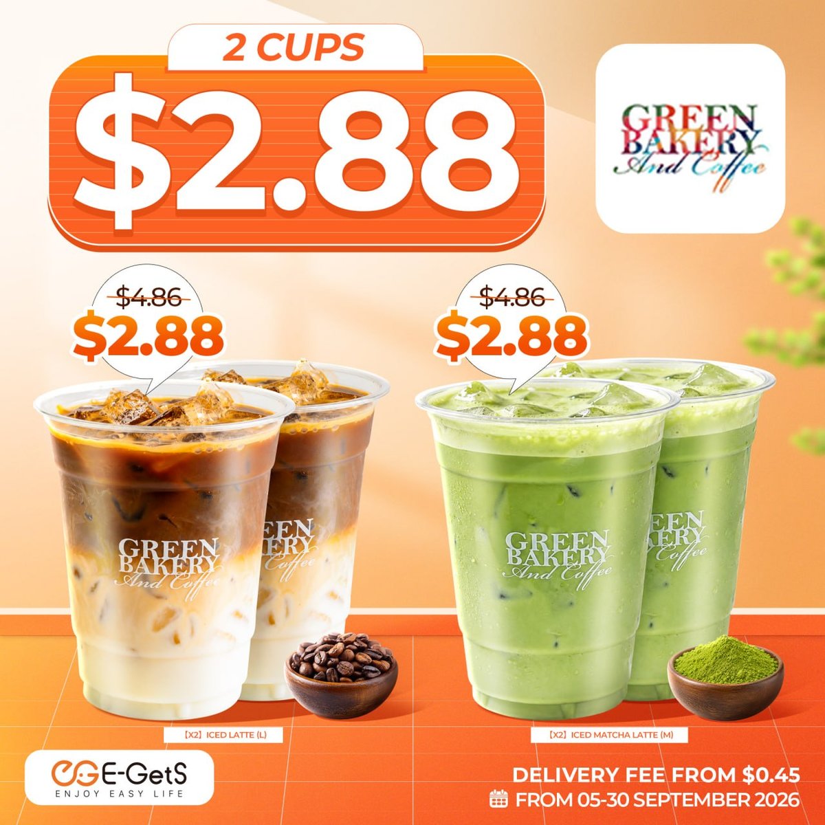 E-GetS平台Green Bakery咖啡两杯$2.88