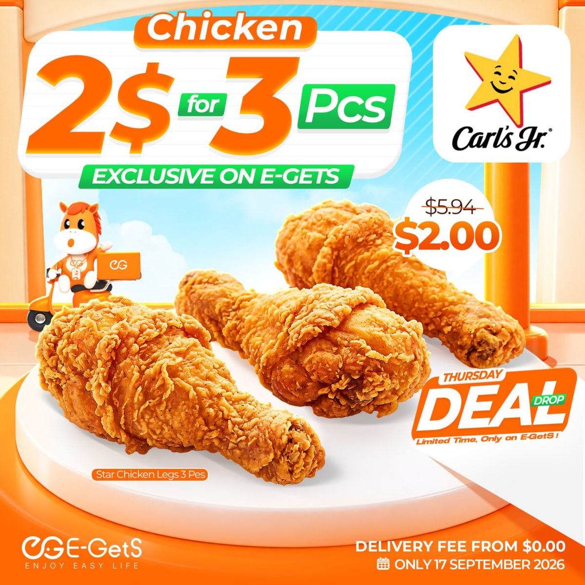Carl's Jr.炸鸡特惠 3块仅需$2 仅限9月17日