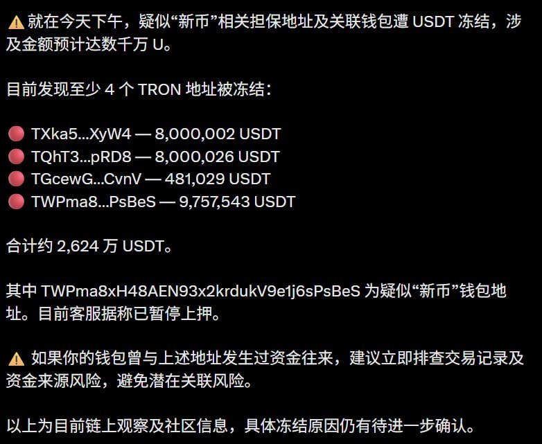 新币担保地址疑似被冻结 涉及千万USDT请立即排查